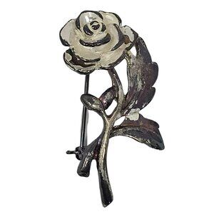Vintage Shabby Chic White Rose Brooch Silver Tone Floral Costume Jewelry Pin